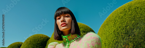 A stylish Asian woman in a fuzzy pastel outfit poses confidently in front of geometric green hedges. High fashion portrait with playful color and structure contrast.