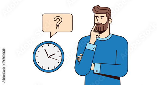 Pensive Man Contemplating Time Management with Question Mark in Thought Bubble Next to Clock, Conceptualizing Deadline Dilemmas and Productivity in Modern Business Setting for Presentations and Educat
