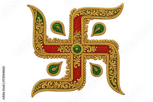 Detailed Golden and Red Swastika Design for Indian Festival Graphics, Representing Auspiciousness, Luck, and Eternal Movement
