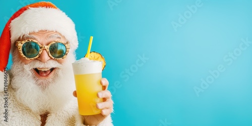 Festive santa enjoying tropical drink in summer-themed holiday fun