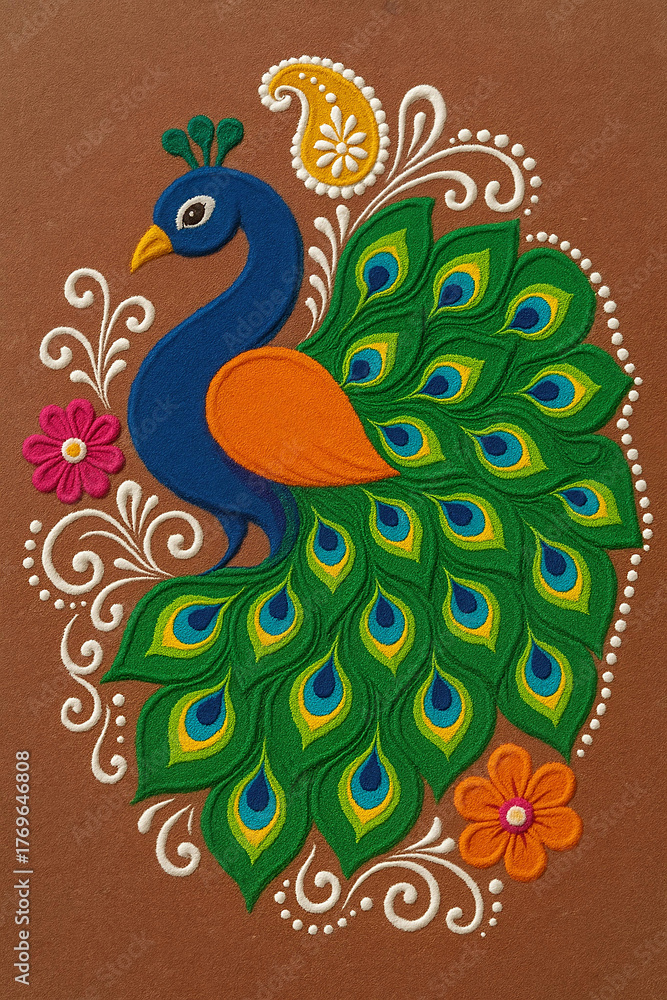 Obraz premium Indian culture traditional multi - colored grain Diwali Rangoli artwork Peacock Feather design