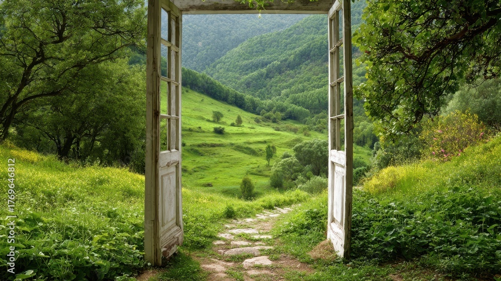 Fototapeta premium An open door frames a vibrant meadow surrounded by green hills and trees under a clear sky.