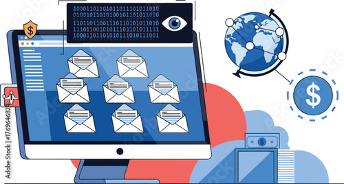 Global Email Security Breach Threat Exploits Financial Data Online, Phishing Attack Concept for Worldwide Business Networks, Cyber Crime and Data Protection, Modern Vector Illustration for Presentatio