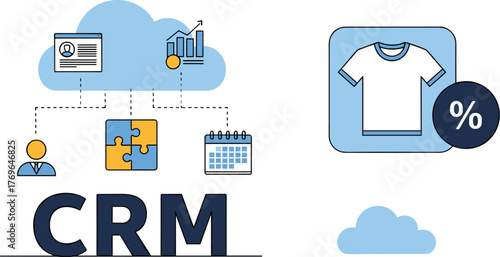 CRM System Connecting Data, Customer Relationship Management Software for E-Commerce Platform, Streamlining Sales Process in Modern Digital Cloud Environment, Illustrative Marketing Presentation for B