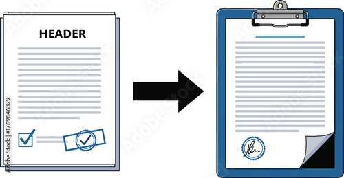Document Approval Workflow Process on Clipboard Illustration, Representing Business Agreements, Contracts Review and Sign-Off, Finalizing Paperwork. Blue Accents Convey Professionalism. Use in Present