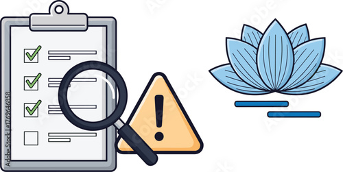 Compliance Audit with Risk Assessment and Mindfulness Practice Illustration: Business Checklist Inspection Shows Safety Check with Magnifying Glass next to Exclamation Point and Lotus for Corporate Me