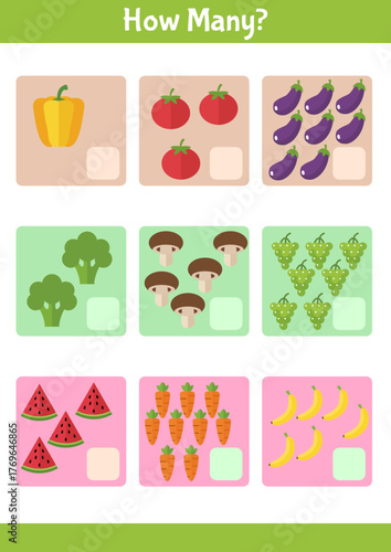 fun counting worksheet with colorful vegetables and fruits for young learners' education
