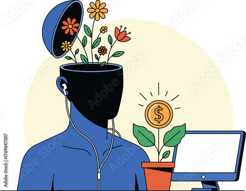 Creative Mind Nurturing Financial Growth by Planting Ideas at a Computer in Modern Workplace - Conceptual Business Illustration about Innovation, Investment, Education, Knowledge, and Success for Pres