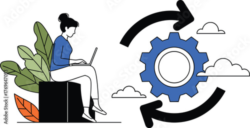 Creative Professional Working Remotely with Laptop Near Abstract Gear System, Demonstrating Workflow Automation and Continuous Improvement in a Modern, Relaxed Environment for Technology, Business, an