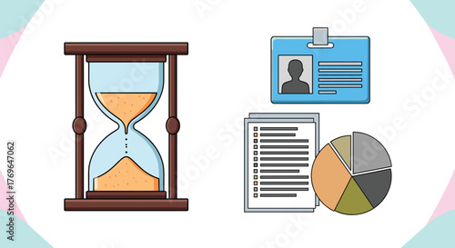 Illustrative Hourglass Symbolizing Time Management for Business Productivity, Strategic Planning, and Project Deadlines, Featuring Analytics Pie Chart, ID Card, and Checklist on White Background, Idea