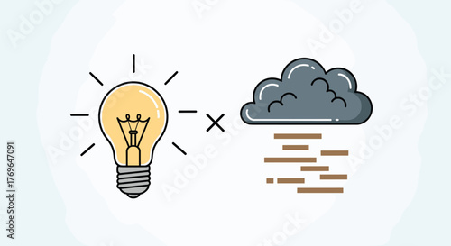 Brainstorming Obstacles Concept: Lightbulb Confronting Challenges Illustrated by Dark Cloud with Rain, Representing Creative Blocks in Business Innovation and Problem-Solving Solutions, Colorful Graph