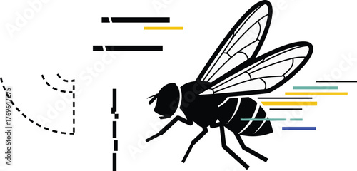 Fly Hovering with Digital Abstraction: Modern Icon for Science, Technology, and Research, Representing Data, Connectivity, and Innovation in a White Studio Environment, Perfect for Presentations, Educ
