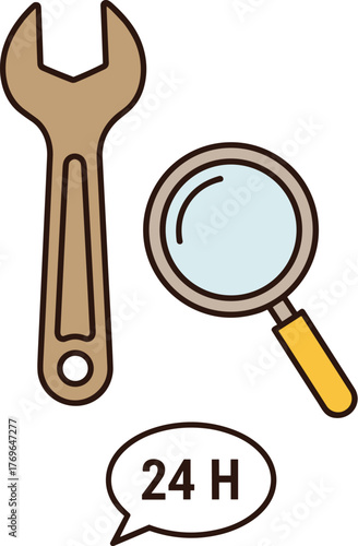 24-Hour Repair Service & Support Cartoon Icon: Wrench and Magnifying Glass Symbolizing Assistance Around the Clock for Technical Maintenance, Troubleshooting, and Problem-Solving Solutions, Suitable f