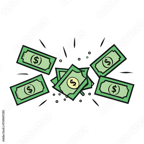 A burst of exploding dollars flying in all directions, symbolizing wealth, success, and financial power with dynamic motion and energy in a dramatic visual scene.
