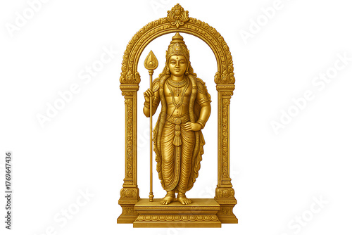 Exquisite 3D digital sculpture of Kartikeya, the son of Shiva, a powerful symbol of courage, wisdom, and divine leadership, rendered in polished gold.