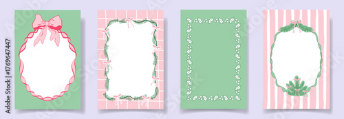 Christmas Retro Hand drawn frame set with pink bows, whimiscal lines, holly and with branches Christmas tree, mistletoe, in coquette style. Trendy holiday Xmas borders for poster, card, invitation.