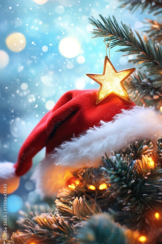 Obraz premium Festive christmas scene featuring santa hat and glowing star on evergreen branches