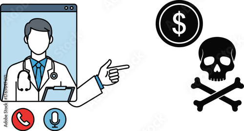 Virtual Doctor Consultation Indicating Financial Risks & Healthcare Dangers: Telemedicine Professional Provides Online Medical Advice on Screen, Highlighting Potential Money & Health Threats, Useful f