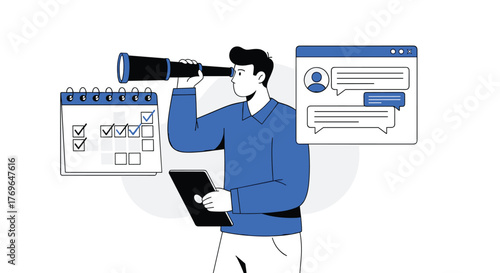 Man Planning Business Strategy with Spyglass Analyzing Future Communication on Tablet, Reviewing Calendar Schedules for Project Timeline, in Modern Office, Illustration for Presentation, Marketing, Ad
