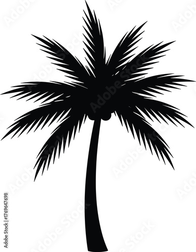 Palm tree silhouette illustration, tropical black vector, curved trunk, pointed fronds, beach nature design, summer vacation artwork, coastal relaxation concept