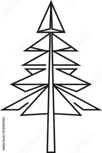 Geometric pine tree illustration, abstract triangle shapes, stylized black silhouette, modern nature design, minimal vector artwork, creative forest concept, symmetry