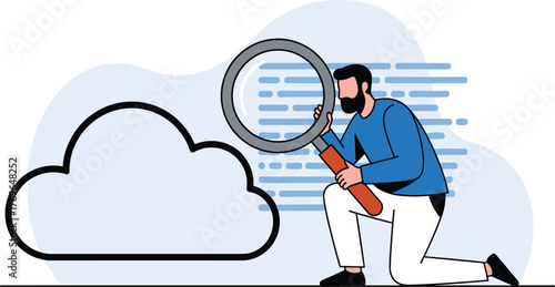 Bearded Man Inspecting Cloud Data with Magnifying Glass for Cybersecurity, Analyzing Infrastructure for Optimization, Modern Technology Solutions for Business, Innovative Data Insights, Cloud Computin
