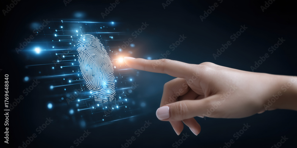 Fototapeta premium Human finger touches glowing biometric fingerprint scanner illustrating secure data access and cyber security in futuristic digital interface