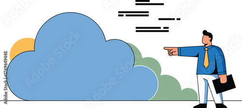 Business Professional Pointing to Cloud Computing Solutions Representing Technology and Data Storage Infrastructure for Innovative Solutions in Modern Office Environment for Corporate Growth Strategy
