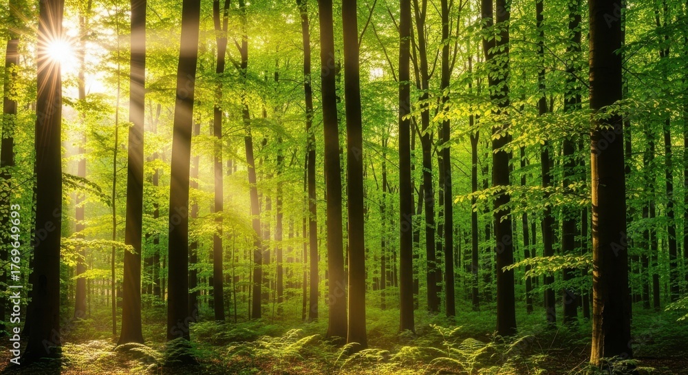 Fototapeta premium Sunlight streaming through the lush green canopy of a dense forest, illuminating the tree trunks and forest floor