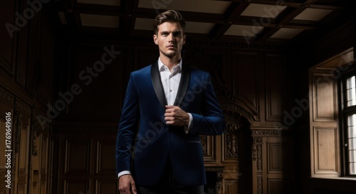 Confident man in a luxurious blue velvet tuxedo exudes sophistication and style in an opulent vintage interior setting, ready for a gala event or formal occasion.