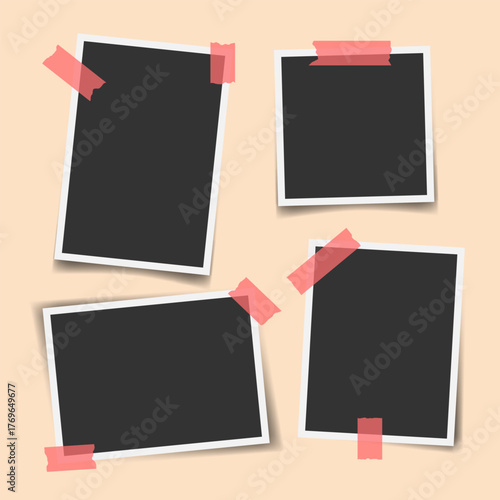 Four blank photo taped with red adhesive tape. Empty instant photo template. Retro photo mockup. Photo album collage