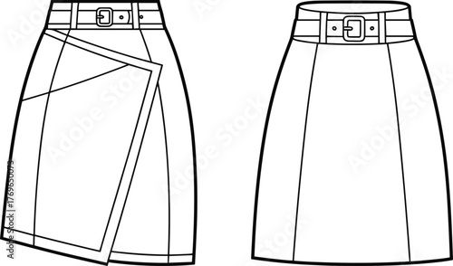 Asymmetrical wrap skirt and A-line skirt, fashion CAD drawing, flat vector illustration, technical garment sketch, sewing pattern template, clothing mockup