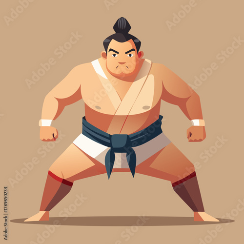 Sumo Wrestler in Stance Ready to Compete on Brown Background