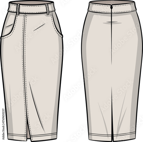 Pencil skirt front and back, fashion CAD drawing, flat vector illustration, technical garment sketch, high waist design, sewing pattern template