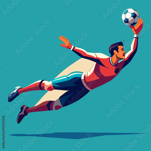Soccer Goalkeeper Diving to Catch the Football in Sky