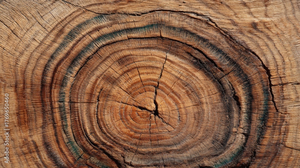 Naklejka premium Detailed view of a tree trunk displaying concentric rings and rich earthy tones highlighting natures art.