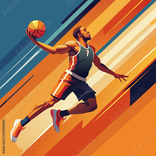 Basketball player jumping up to slam dunk in dynamic artwork