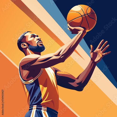 Basketball player shooting a free throw with a colorful backdrop