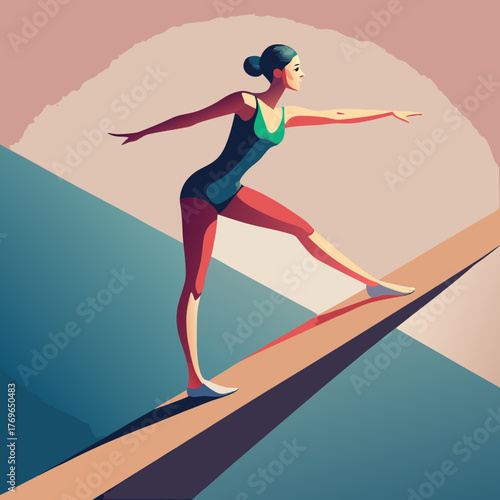 Gymnast performing on a balance beam in a vector illustration