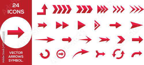 A bold and modern collection of 24 red vector arrow icons for web, UI/UX, and graphic design. Includes diverse directional signs, pointers, chevrons, and curved symbols for navigation, next, back, dow