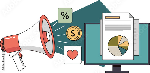 Marketing Campaign Announcement with Megaphone Promoting Data-Driven Strategies on Computer Screen and Business Growth with Percentage and Dollar Icons for Sales, Advertising, and Communications Prese