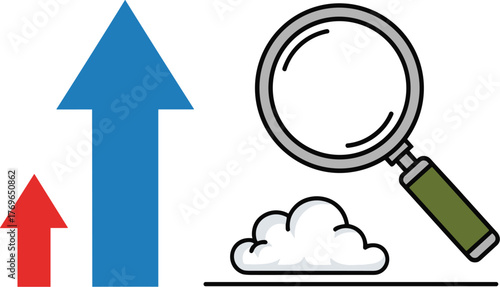 Data Analysis and Growth Exploration with Upward Arrows and Magnifying Glass Over Cloud, Visualizing Business Development and Advancement in a Modern, Innovative Style, Suitable for Technology, Market