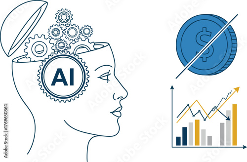 Artificial Intelligence Enhancing Business Growth: Conceptual Illustration of a Woman's Mind Processing Data with Gears, Leading to Financial Success Shown in a Rising Graph, in a Modern, Innovative P