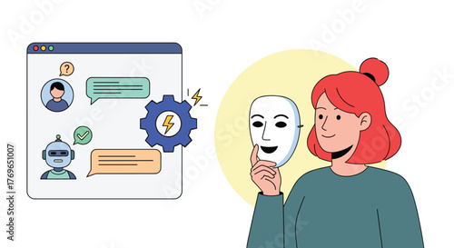 Woman Holding Mask Simulating Human-Like Interactions with Chatbot on Modern Website, Concept for Artificial Intelligence and Machine Learning in Customer Service, Digital Interface Presentation,  Bus