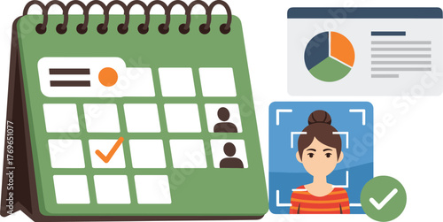 Green Calendar with Agenda Schedule, Data Analytics Dashboard and Face Recognition Software for Enhanced Productivity in Modern Business and Technology Industries Presentation Material Design for Prof