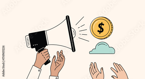 Bullhorn Amplifying Financial News to Reaching Audience, Announcing Business Investment Opportunities and Wealth Management in Contemporary Illustration Style for Marketing, Advertising, and Presentat