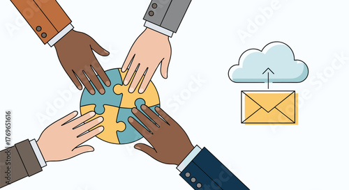 Diverse Team Collaboration Assembling Jigsaw Puzzle to Connect with Cloud Communication for Digital Solutions, Innovation, Networking, and Problem-Solving in a Modern Business Setting, Promoting Partn
