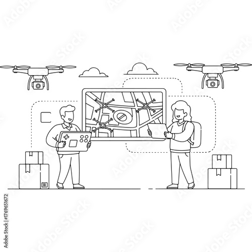 Future automated shipping concept. Workers operating quadcopter drone using GPS map. E-commerce logistics and air delivery. Minimalist black white vector drawing.