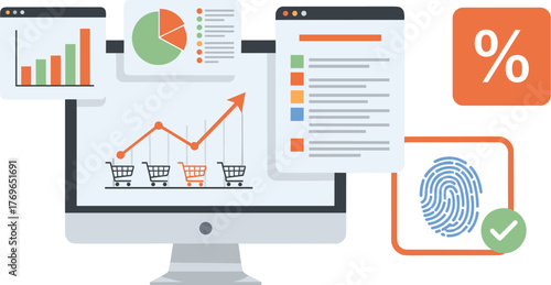 Online Business Growth Analytics Dashboard on Computer Showing Sales Trends and Financial Performance, E-Commerce Success Strategy for Retail Marketing, Data Analysis Visualizations for Presentation o