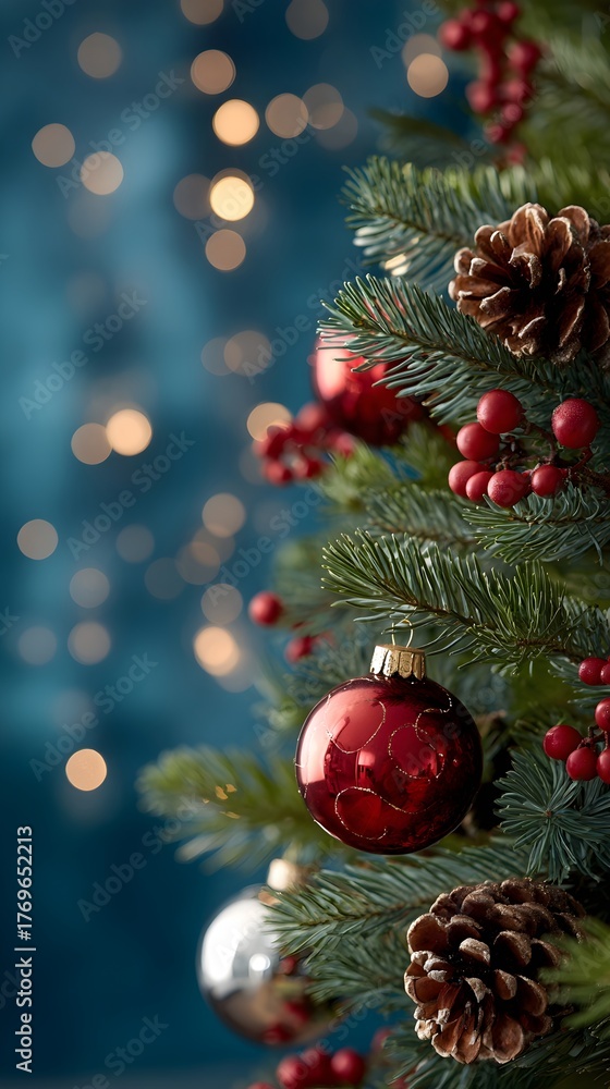 Fototapeta premium Close up of a beautifully decorated Christmas tree with shiny red ornaments and festive ambiance